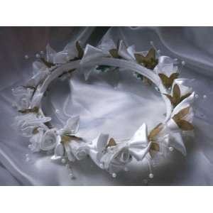 White Satin Roses and Lilies Flower Girl Head Piece Halo Wedding Mis 