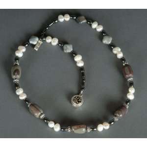 Eye catching Gray Jasper necklace with Cultured Pearls, Hematite and 