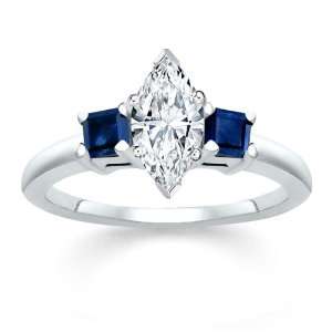  1.55 CT MARQUISE DIAMOND W PRINCESS BLUE SAPPHIRE RING 18K 