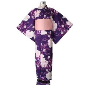  Kimono Yukata Violet with White Peony Flowers + Obibelt 