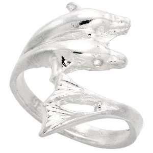  Sterling Silver Diamond Cut Double Dolphin Ring, size 8 