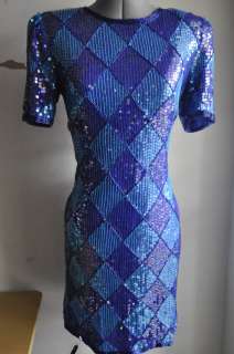 blue vintage multicolored sequenced geometric dress size medium  