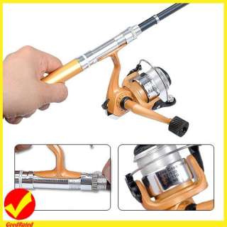 Golden Tone Pocket Pen Fishing Rod Reel Free Line Set  