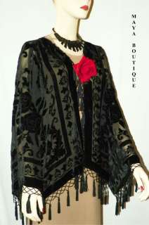 BLACK Beaded Kimono Fringe Jacket SILK Burnout Velvet Short MAYA Plus 