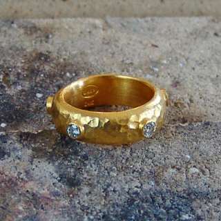 DESIGNER 24K SOLID YELLOW GOLD DIAMOND ETERNITY HAMMERED WEDDING RING 
