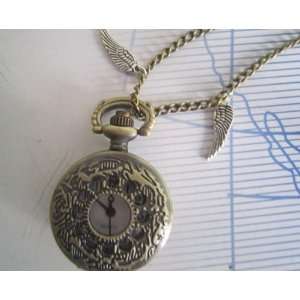  Silver Wings Flying Sunflower Pocket Watch Necklace Brass 