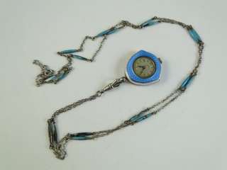 Antique Swiss Enamel Guilloche Necklace Ladies Watch Sterling Silver 