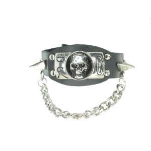  Skull Skeleton Black Leather Heavily Metal Style Wristband 