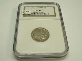 1937 D Buffalo Nickel 3 Legs Certified NGC XF 40~5 Cents, Mint Error 