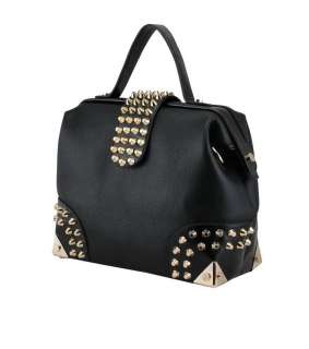 LEATHER / FAUX LEATHER DUFFEL STUDDED GOLD DOCTOR BAG 12 BLACK  
