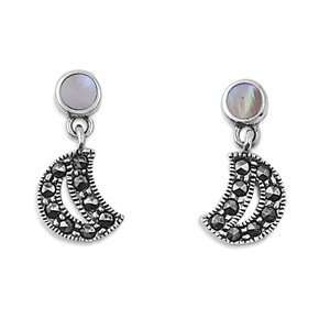   Mother of Pearl & Marcasite Moon Shape Dangling Earrings Jewelry