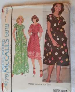 McCalls 5919 Misses Large Vintage Muu Muu Sewing Pattern  