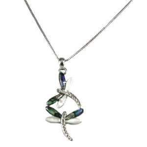  Pearle Genuine Abalone Shell Two Dancing Dragonflies Charm Necklace 