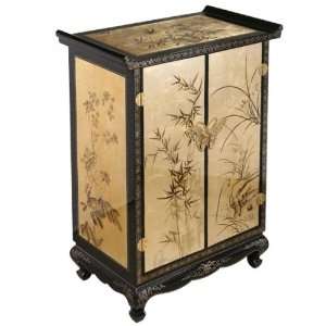   Black & Gold Lacquer Wood Pagoda Style Storage Cabinet