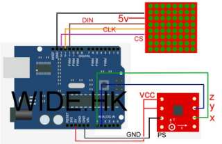 8x8 Matrix Module + 3 Axis ±2g Accelerometer for Arduino with example 