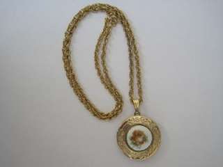 Goldtone Guilloche Enamel Rose Locket Pendant Necklace 24 Chain 