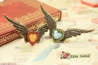 Fashion Ancient Blue Crystal Heart Bronze Angels Wing Retro 