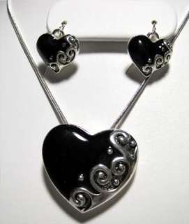 Silver Black Heart Necklace Pendant Pin Earrings Set  