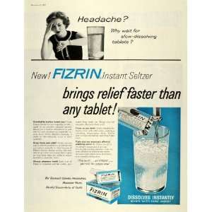  1957 Ad Fizrin Instant Seltzer Pain Headache Relief Tablet 