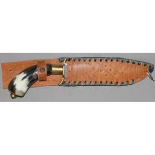 BULGARIAN HUNTING BOWIE KNIFE WITH LEATHER SHEATH & COW HORN HANDLE 