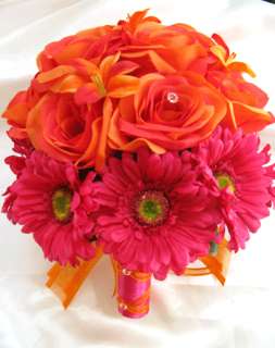 17pc Bridal Bouquet wedding flower ORANGE FUCHSIA DAISY  