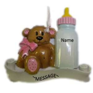   Baby Bear Bottle Heart Pink Holiday Gift Expertly Handwritten Ornament