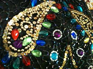 Vtg 70s SILK Kaftan Beaded Embroidered Sequin Jewel Neck Maxi Dress 