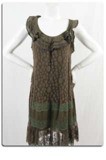 Anthropologie HAZEL Brown/Olive Lace Overlay Ruffled Teired Dress S 