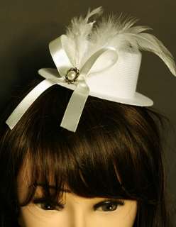 813wh Wedding fascinator bridal white mini top hat feathers burlesque 