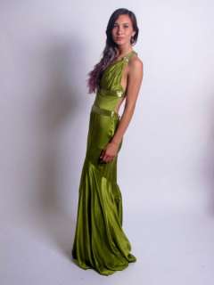 VTG 70S 80S PLUNGING V OLIVE GREEN SILK PROM PARTY FORMAL MAXI DRESS 