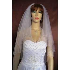   White Elbow Length Beaded Crystal Drop Wedding Bridal Veil Beauty