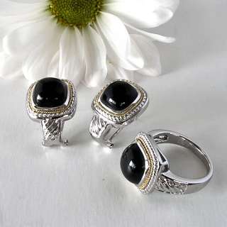  ® Collection 18 Kt Gold Cable 925 Sterling Black Agate Ring  