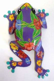 Tropical Hibiscus Floral Tree Frog Haitian Metal Art Purple  