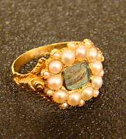   1831 British Victorian 18K Y Gold Mourning Ring Hair Pearls size 7.25