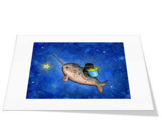 Hanging Stars Painting~Narwhal Whale & Cat~Night Sky  