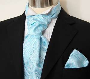 A90 8/ Turquoise Paisley Ascot Tie and Handkerchief Set  