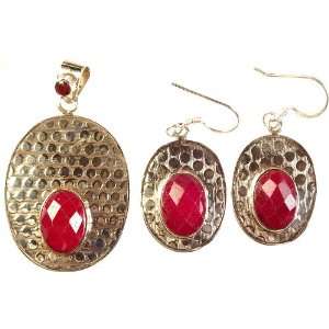  Ruby Pendant with Matching Earrings Set   Sterling Silver 