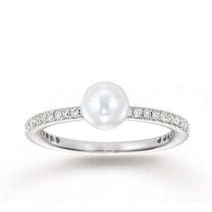  14k White Gold 1/4 Carat Diamond and Pearl Stackable Ring 
