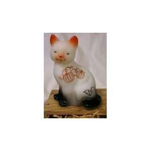   Fenton 3 1/2 Sitting Cat Sand carved with Pumpkins 
