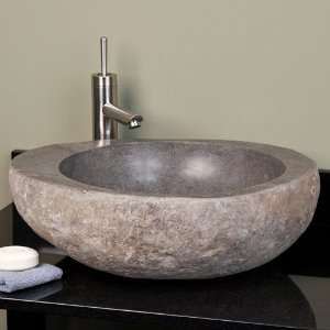  Natural River Stone Vessel Sink with Round Basin   Light 