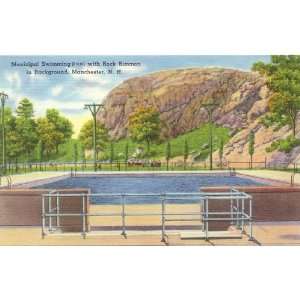  1940s Vintage Postcard Municipal Swimming Pool with Rock 