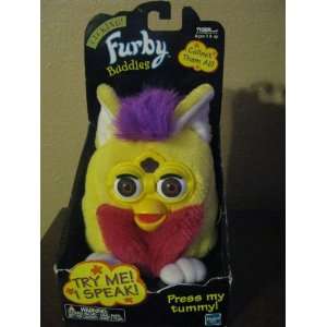 TALKING Furby Buddies, Yellow with dark pink belly, purple hair, brown 