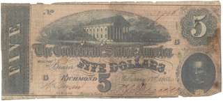 1864 Richmond Va. CSA CONFEDERATE $5 Dollar Note  