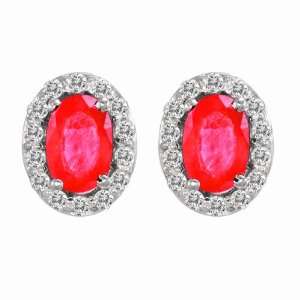  10K White Gold Round Diamond & Oval Ruby Earrings (1 cttw 