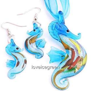   necklace and earrings silver foil blue sea horse vivid and lovely