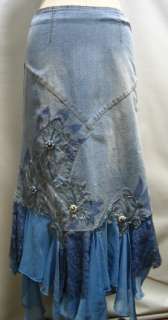 New Unique style 2 tone Bohemian style Blue Jean Skirt flowers w/beads 