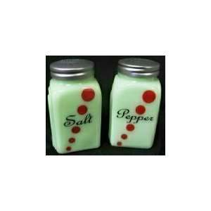  Red Dots Jadeite Green Milk Glass Salt & Pepper Shaker Set 