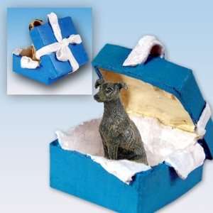    Greyhound Blue Gift Box Dog Ornament   Brindle