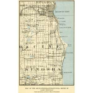 1913 Print Southeast Wisconsin Map Milwaukee Racine Kenosha Lake 