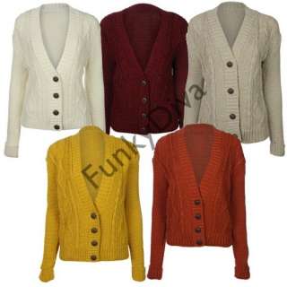 LADIES CABLE KNITTED LONG SLEEVE SHORT GRANDAD STYLE WOMENS CARDIGAN 